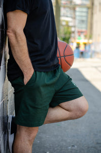 Forest Green athletic sweat shorts with pockets from King & Country Grooming Products. Made in Canada.