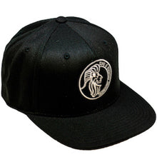 Load image into Gallery viewer, All black snapback hat for men and women embroidered in Vancouver, BC, Canada with the King &amp; Country Grooming Lion logo.